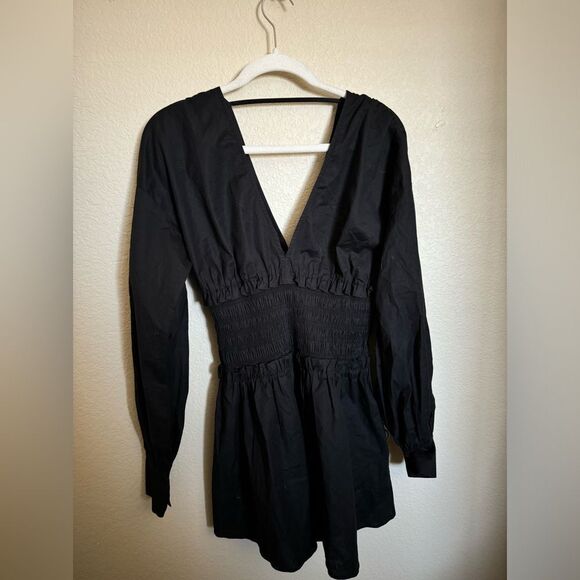 Ramy Brooke Blythe Smocked Long Sleeve V-Neck Mini Dress sz small black cotton - Picture 5 of 8